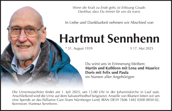 Traueranzeige von Hartmut Sennhenn von Pegnitz-Zeitung