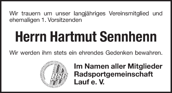 Traueranzeige von Hartmut Sennhenn von Pegnitz-Zeitung