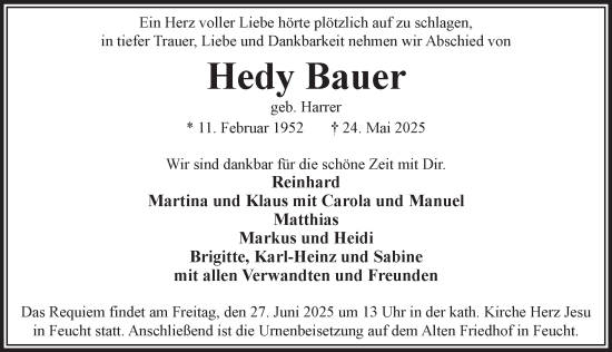 Traueranzeige von Hedy Bauer von Der Bote