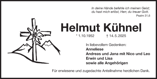 Traueranzeige von Helmut Kühnel von Der Bote