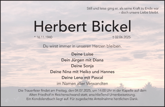 Traueranzeige von Herbert Bickel von Hersbrucker Zeitung Lokal