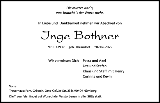Traueranzeige von Inge Bothner von Hersbrucker Zeitung Lokal