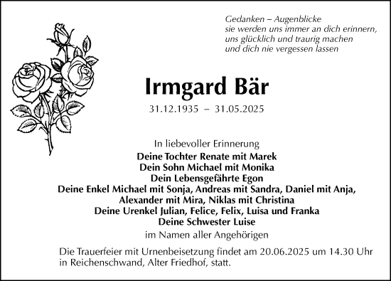 Traueranzeige von Irmgard Bär von Hersbrucker Zeitung Lokal