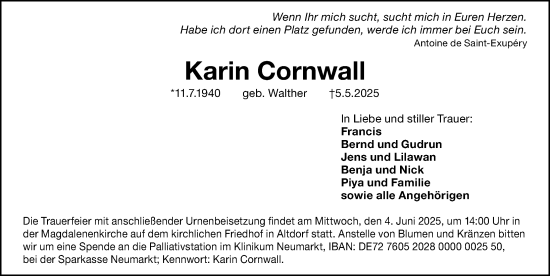 Traueranzeige von Karin Cornwall von Der Bote