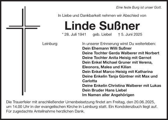 Traueranzeige von Linde Sußner von Pegnitz-Zeitung
