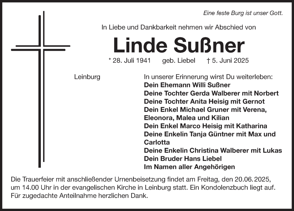  Traueranzeige für Linde Sußner vom 14.06.2025 aus Pegnitz-Zeitung