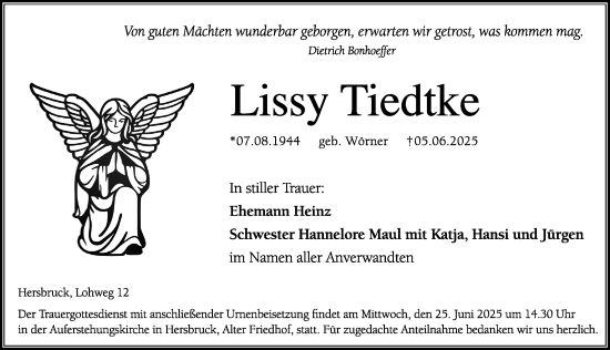 Traueranzeige von Lissy Tiedtke von Hersbrucker Zeitung Lokal