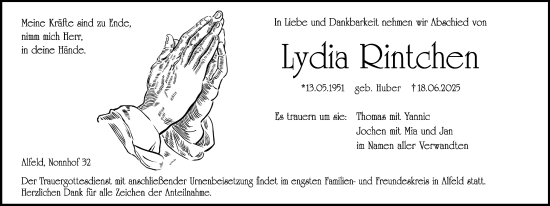 Traueranzeige von Lydia Rintchen von Hersbrucker Zeitung Lokal