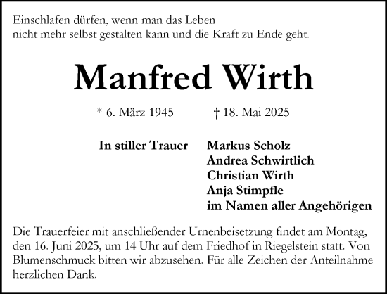 Traueranzeige von Manfred Wirth von Pegnitz-Zeitung