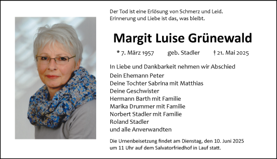 Traueranzeige von Margit Luise Grünewald von Pegnitz-Zeitung