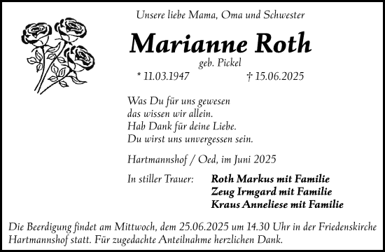 Traueranzeige von Marianne Roth von Hersbrucker Zeitung Lokal
