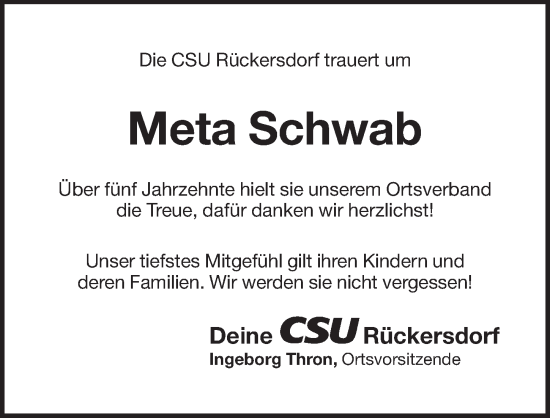 Traueranzeige von Meta Schwab von Pegnitz-Zeitung
