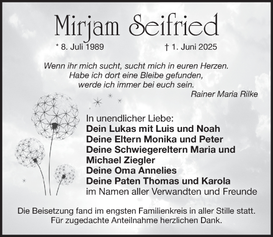 Traueranzeige von Mirjam Seifried von Pegnitz-Zeitung