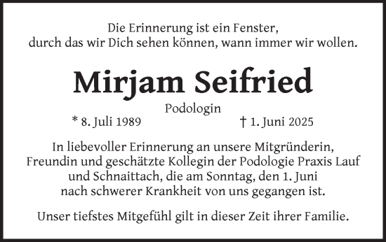 Traueranzeige von Mirjam Seifried von Pegnitz-Zeitung