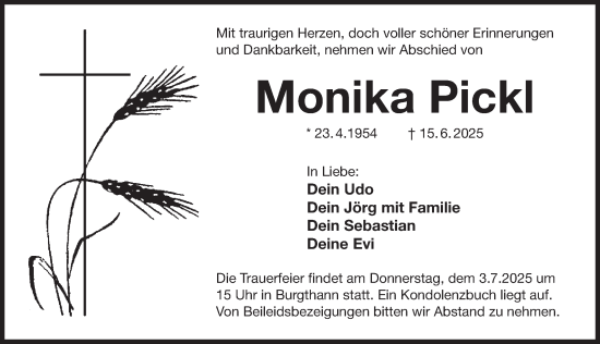 Traueranzeige von Monika Pickl von Der Bote
