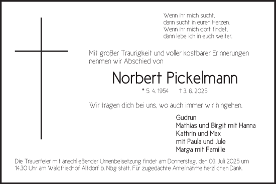 Traueranzeige von Norbert Pickelmann von Der Bote