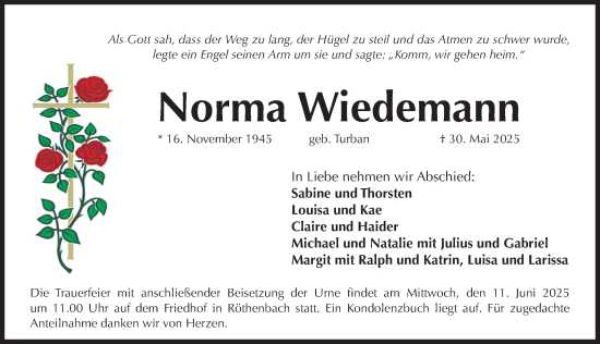 Traueranzeige von Norma Wiedemann von Pegnitz-Zeitung