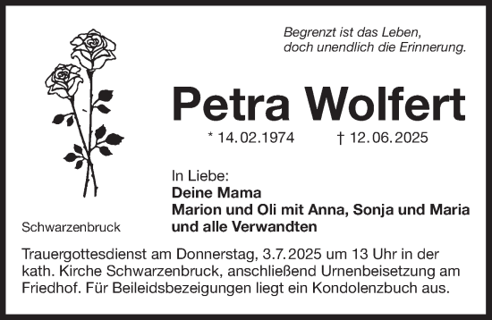 Traueranzeige von Petra Wolfert von Der Bote
