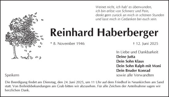 Traueranzeige von Reinhard Haberberger von Pegnitz-Zeitung