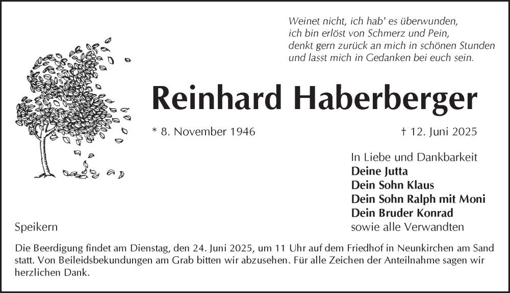  Traueranzeige für Reinhard Haberberger vom 21.06.2025 aus Pegnitz-Zeitung
