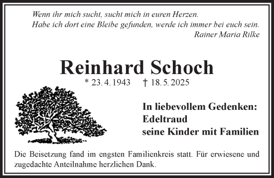 Traueranzeige von Reinhard Schoch von Der Bote
