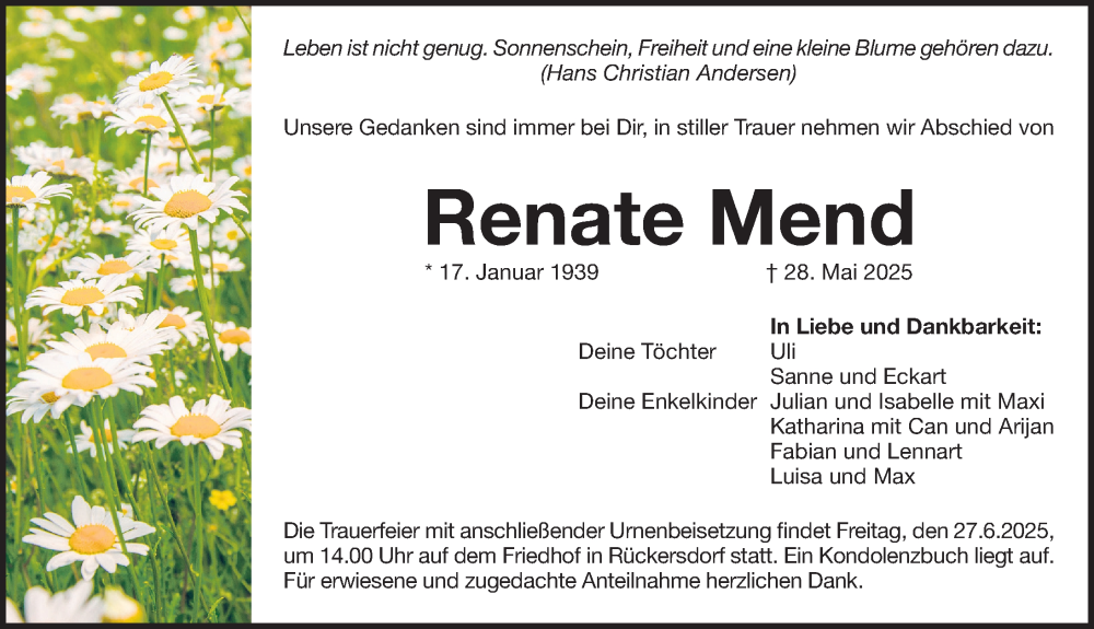  Traueranzeige für Renate Mend vom 21.06.2025 aus Pegnitz-Zeitung