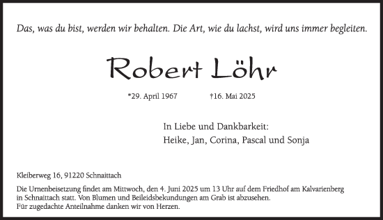 Traueranzeige von Robert Löhr von Pegnitz-Zeitung