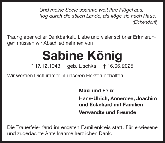 Traueranzeige von Sabine König von Der Bote