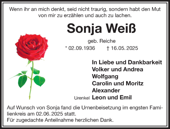 Traueranzeige von Sonja Weiß von Der Bote