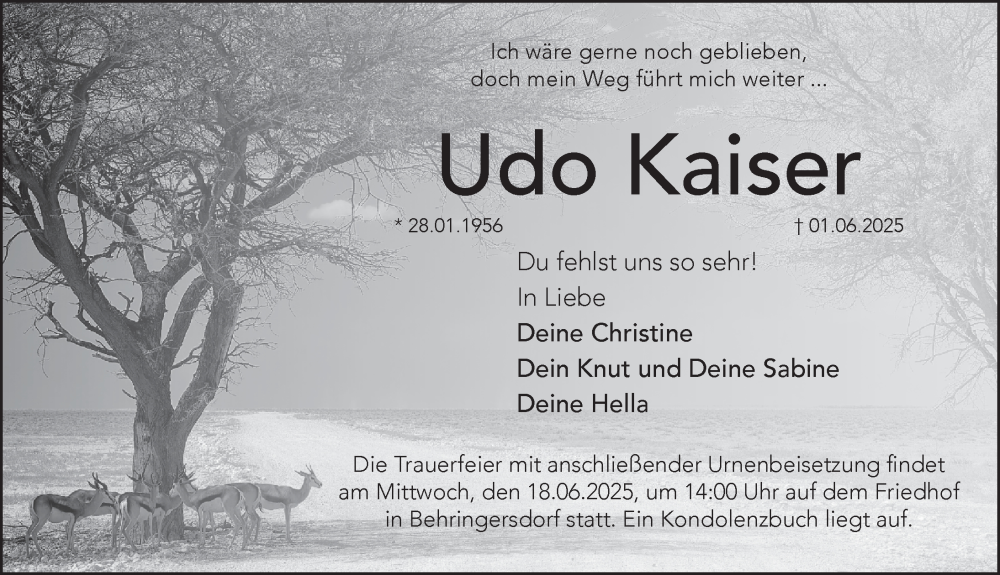  Traueranzeige für Udo Kaiser vom 14.06.2025 aus Pegnitz-Zeitung