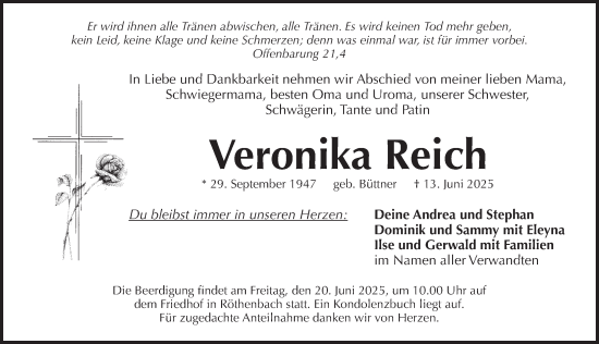 Traueranzeige von Veronika Reich von Pegnitz-Zeitung