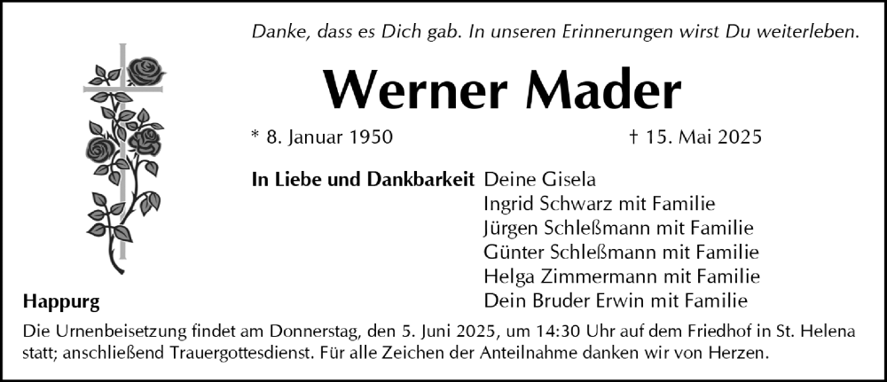  Traueranzeige für Werner Mader vom 31.05.2025 aus Hersbrucker Zeitung Lokal