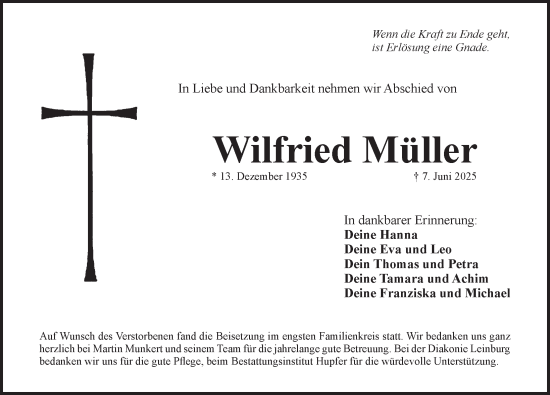 Traueranzeige von Wilfried Müller von Pegnitz-Zeitung