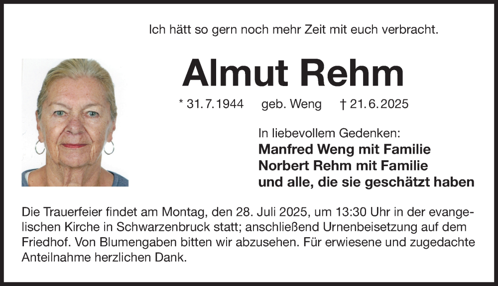  Traueranzeige für Almut Rehm vom 19.07.2025 aus Der Bote