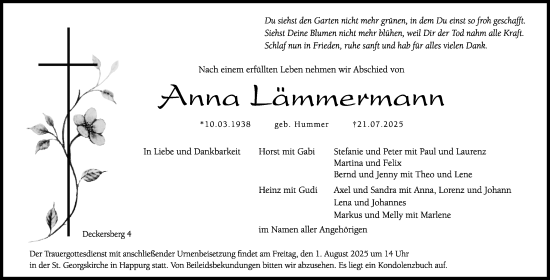 Traueranzeige von Anna Lämmermann von Hersbrucker Zeitung Lokal