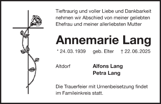 Traueranzeige von Annemarie Lang von Der Bote