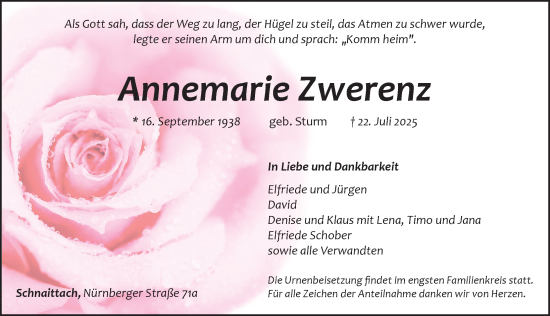 Traueranzeige von Annemarie Zwerenz von Pegnitz-Zeitung