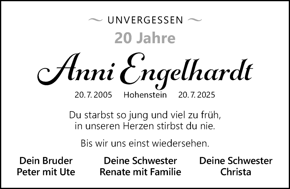  Traueranzeige für Anni Engelhardt vom 19.07.2025 aus Hersbrucker Zeitung Lokal