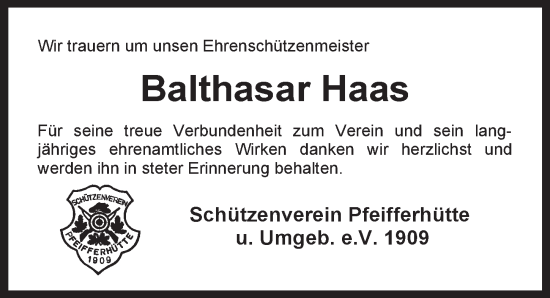 Traueranzeige von Balthasar Haas von Der Bote