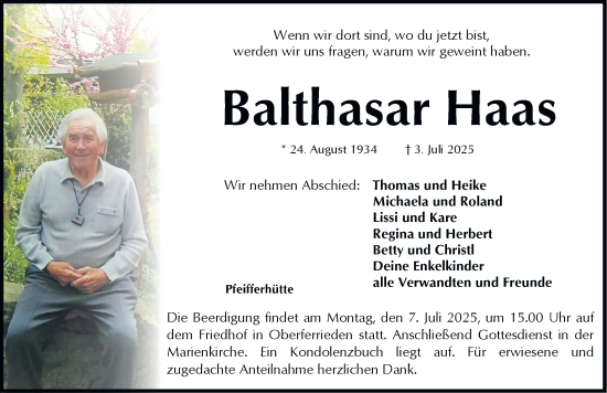Traueranzeige von Balthasar Haas von Der Bote