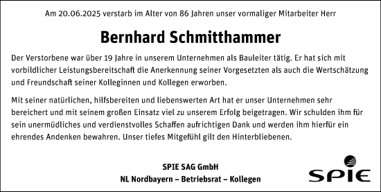Traueranzeige von Bernhard Schmitthammer von Hersbrucker Zeitung Lokal