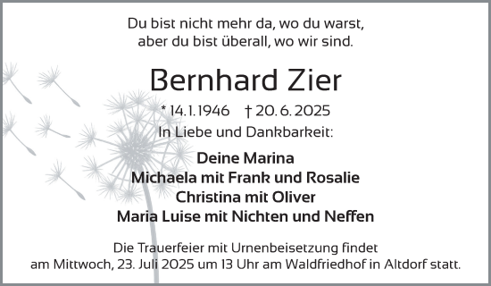 Traueranzeige von Bernhard Zier von Der Bote