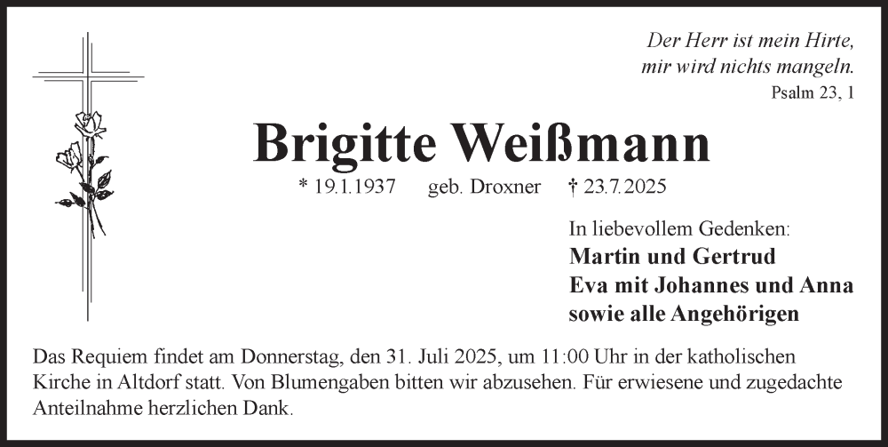  Traueranzeige für Brigitte Weißmann vom 29.07.2025 aus Der Bote