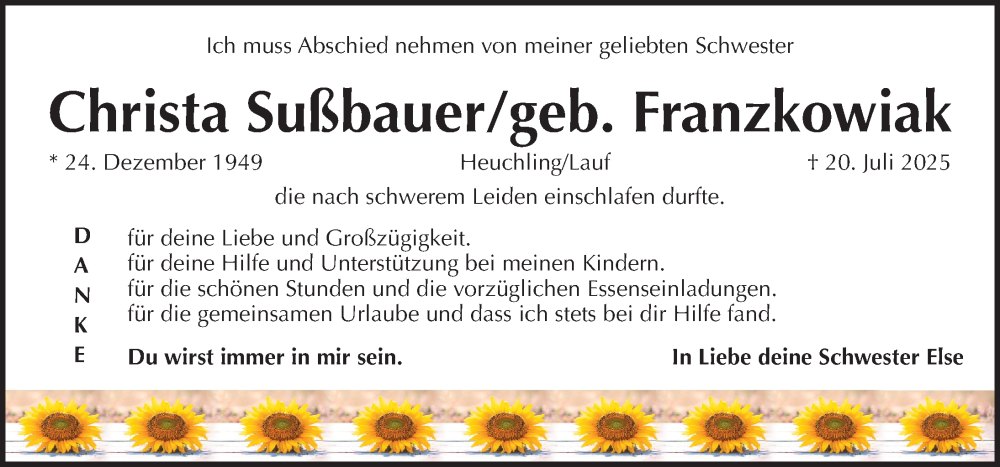  Traueranzeige für Christa Süßbauer vom 26.07.2025 aus Pegnitz-Zeitung