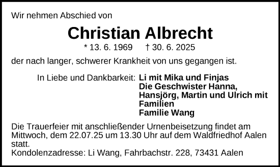 Traueranzeige von Christian Albrecht von Der Bote