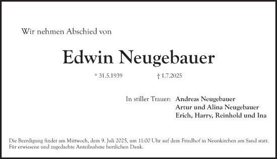 Traueranzeige von Edwin Neugebauer von Pegnitz-Zeitung