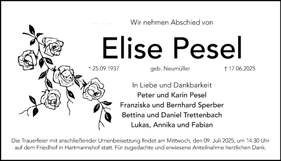 Traueranzeige von Elise Pesel von Hersbrucker Zeitung Lokal