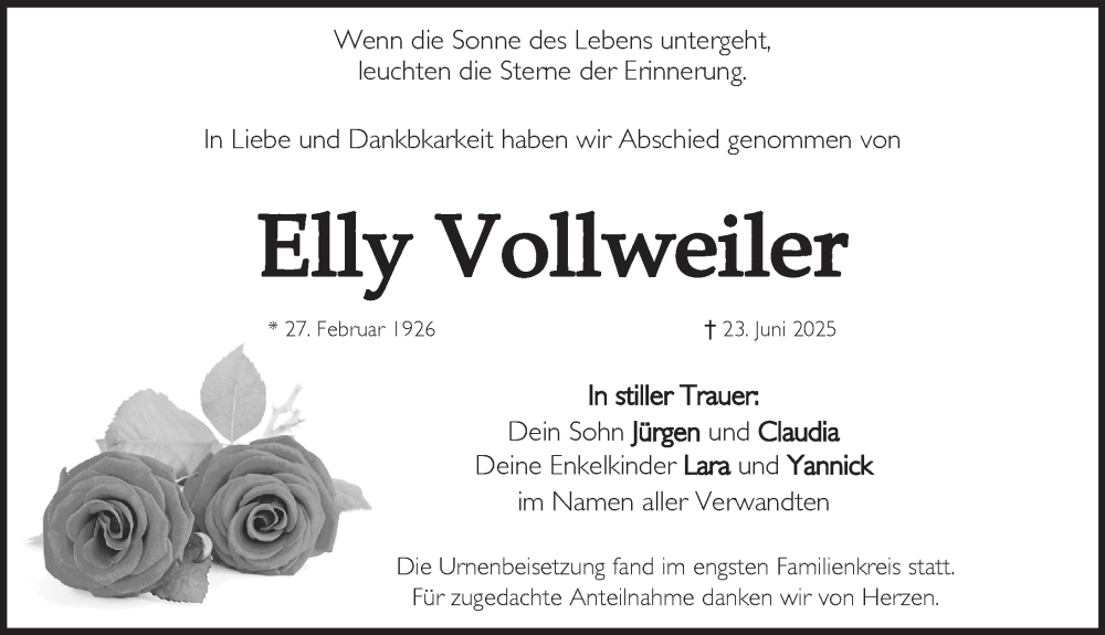  Traueranzeige für Elly Vollweiler vom 26.07.2025 aus Pegnitz-Zeitung