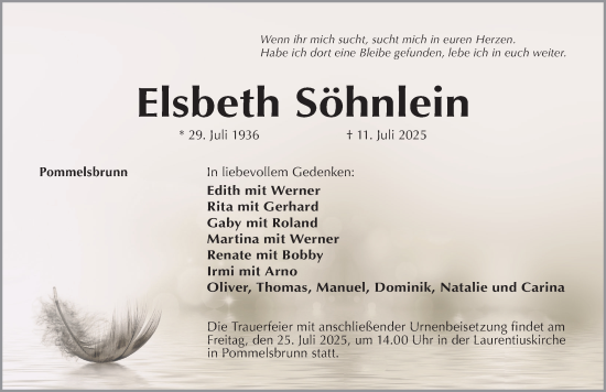 Traueranzeige von Elsbeth Söhnlein von Hersbrucker Zeitung Lokal