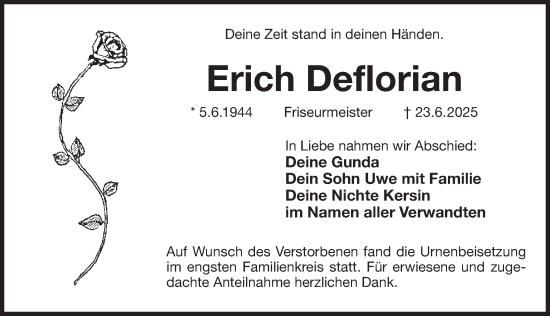 Traueranzeige von Erich Deflorian von Der Bote
